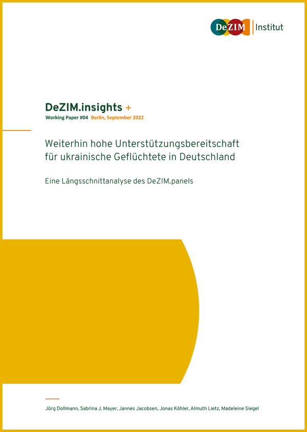 Die Grafik zeigt das Cover des DeZIM.insights Working Papers "Weiterhin hohe Unterstützungsbereitschaft für ukrainische Geflüchtete in Deutschland"
